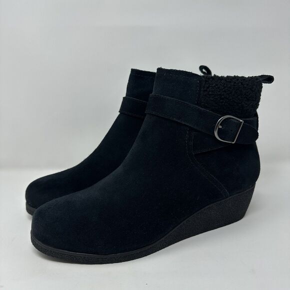 Lands End Womens Black Suede Booties 10W Fleece Lined Ankle Boots Side Buckle - Picture 2 of 13